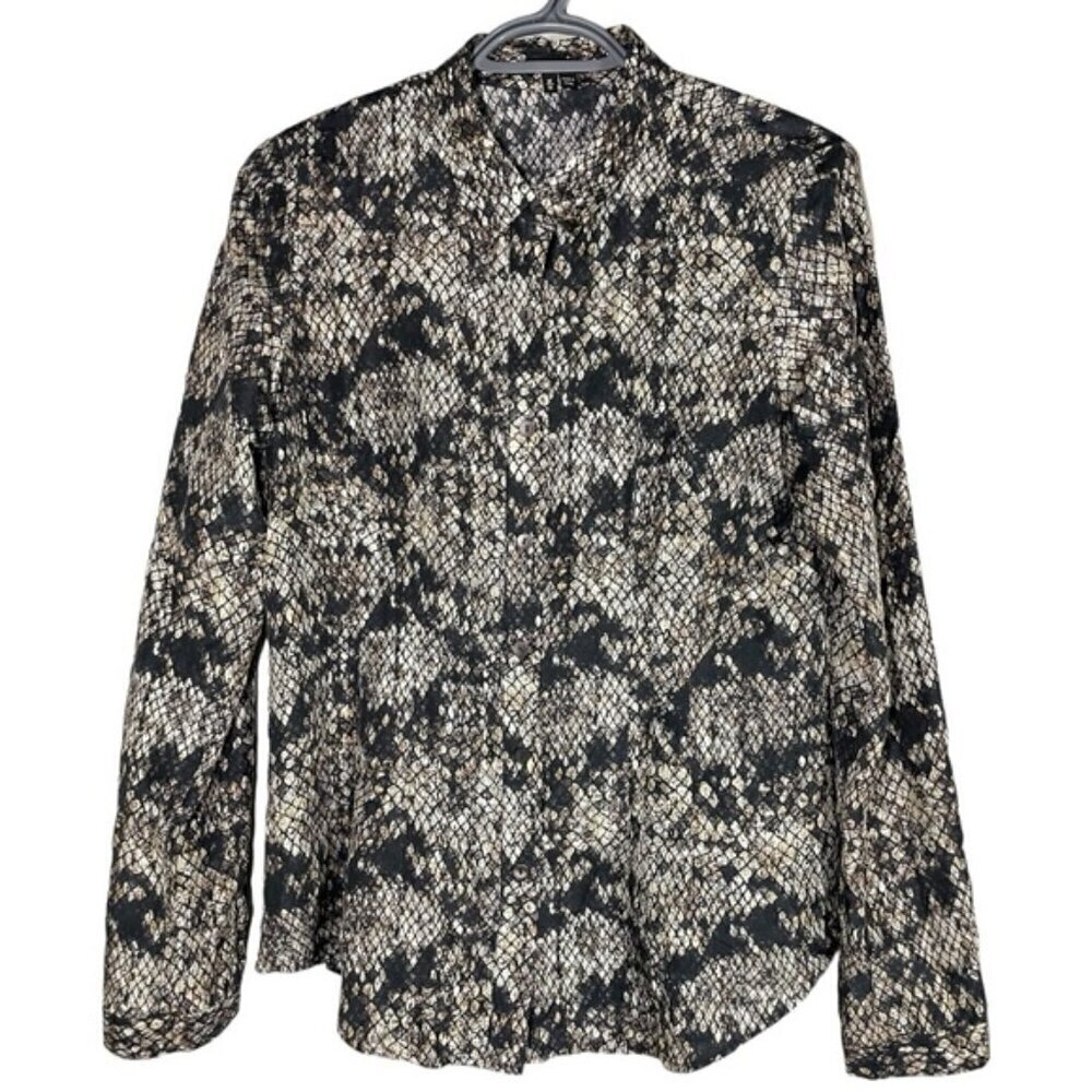 Theory Animal Print Silk Button Front Long Sleeve Shirt size M